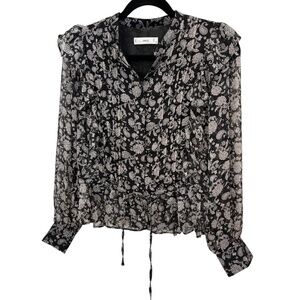 MNG Black & White Ruffle Pin Tuck Long Sleeve Sheer Blouse Size 4